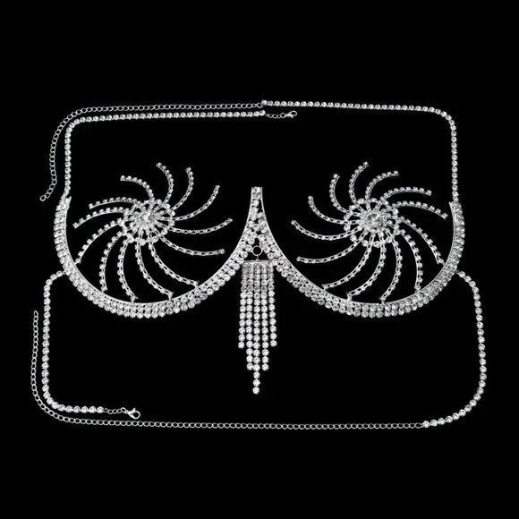 Rhinestone Chest Bracket Tassel Bra Chain Lingerie Crystal Bikini Body Jewelry - Picture 3 of 5